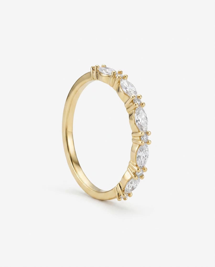 AI jewelry photography — gold marquise ring packshot on neutral background